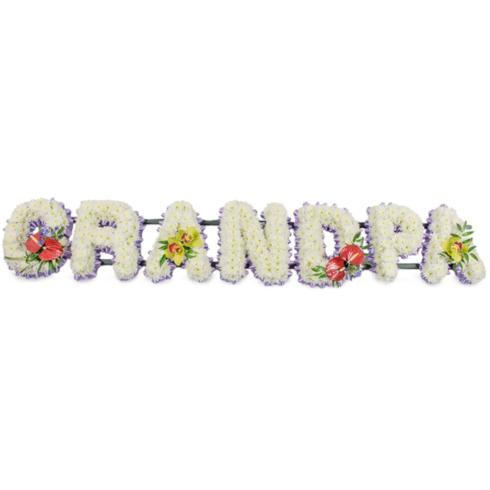 Set against a plain, uncluttered white background, this long funeral flower tribute clearly spells out "GRANDPA" in bold capital letters that run from left to right in a single line. The letters are large and three-dimensional, filled with dozens of tiny white chrysanthemums packed so closely together that they form a continuous, plush surface, soft and slightly domed like a series of floral pillows. Around the lower edge of each letter sits a narrow band of pale lavender ribbon, just visible beneath the blooms, subtly framing each character while maintaining the serene white theme. Dark green bars beneath the flowers link the letters together and lend structural support, hinting at the practical craftsmanship behind the beauty. Thoughtfully placed accent sprays provide colour and emotion: the "G" on the left and the "D" near the centre are dressed with bold red anthuriums, their glossy, heart-shaped petals and yellow spadices rising out of glossy, deep green foliage and tiny touches of purple filler flowers, adding intensity and focus. On the first "A" and final "A", sprays of yellow-green orchids create a gentle contrast, their long, elegant petals and speckled throats arching gracefully, symbolising grace, remembrance, and the continuation of family stories. The overall mood is gentle yet dignified, a crafted farewell that might rest atop a coffin or stand by the front of a chapel in Marlow, perhaps following a quiet family gathering in Higginson Park or along the river. The tribute feels like a floral sentence spoken from the heart: a message of love, thanks, and peaceful goodbye to a cherished grandfather.