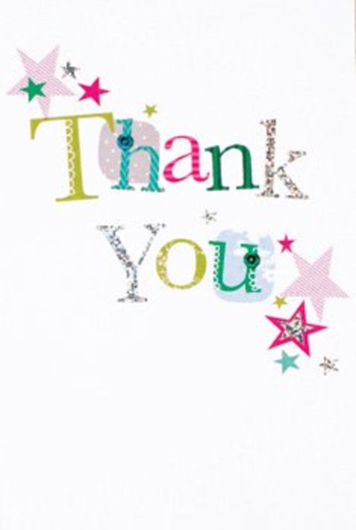 Blending quiet exuberance with contemporary flair, this thank you card mirrors the welcoming ambiance of Marlow's leafy neighborhoods. The phrase 'Thank You' forms the centerpiece-each letter lively and distinct, from soft curves dusted in turquoise and silver to playful dots and stripes in fuchsia and lush green. Sparkling stars nestle around the edges, their colours recalling the bursts of summer blooms in the town's well-tended gardens. The composition is airy yet spirited, anchored by the immaculate white background that lets each hue and texture shine-much like a bright bouquet displayed in a sunlit Marlow window. There's a gentle sophistication in the design, making it a perfect companion for any bouquet sent whether in celebration or simple appreciation. Its heartfelt presence feels as comforting and memorable as a thoughtful word shared over coffee at a Marlow café.