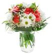 This striking bouquet, inspired by the vibrant scene of Marlow's lively markets and gentle riverbanks, is a true expression of floral artistry. The arrangement is centered around lush, ruffled coral carnations, whose textured petals draw the eye and set a joyful, inviting tone. Surrounding the core, snow-white chrysanthemums spread their full, multi-layered faces, providing soft, plush contrast akin to clouds over Higginson Park. Scattered within are pure white daisies with golden-green hearts, infusing a touch of innocence and nostalgia, reminiscent of childhood days by the water's edge near Pound Lane. Baby's breath wisps silver-fine through the bouquet, softening every angle and adding a lightness as buoyant as Marlow's breezes. Emerging subtly on one side, closed magenta alstroemeria buds whisper of later blooming, deepening the composition's intrigue. Encircled by rich green leaves-broad, glossy, and slender-the arrangement is both structured and free-flowing, echoing the balance found in Marlow's landscape. Set in a simple glass vase filled with refreshing water, visible stems underscore the design's freshness and thoughtful craftsmanship. Bathed in gentle, shadowless light, the entire composition radiates positivity and calm. Perfect for birthdays, new beginnings, or sending a heartfelt gesture to any address in Marlow, this bouquet embodies the warmth, care, and creative energy of the community's finest florists.